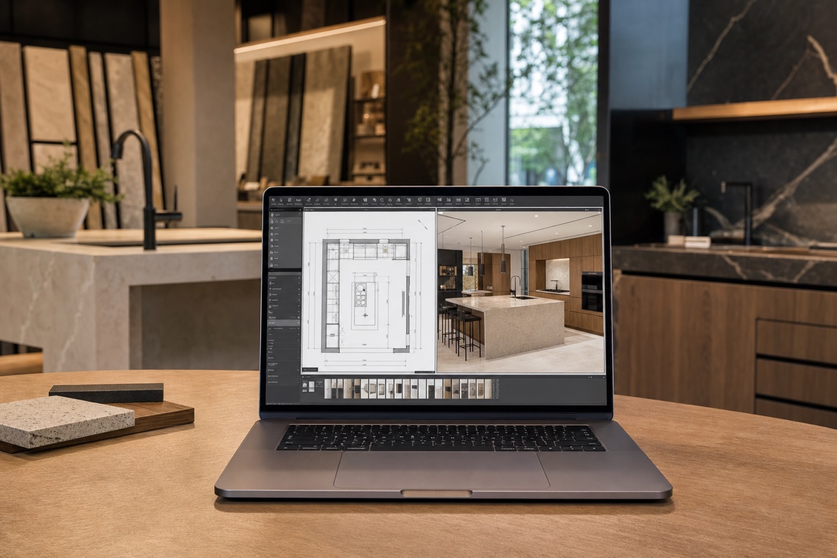 Ordinateur affichant un plan 2D et une vue 3D de cuisine dans un showroom